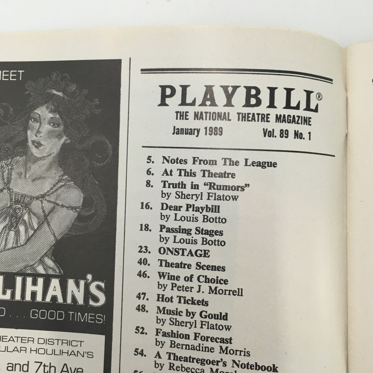 Interior page of the 1989 Playbill for 'M. Butterfly' showcasing the January 1989 issue of the National Theatre Magazine.