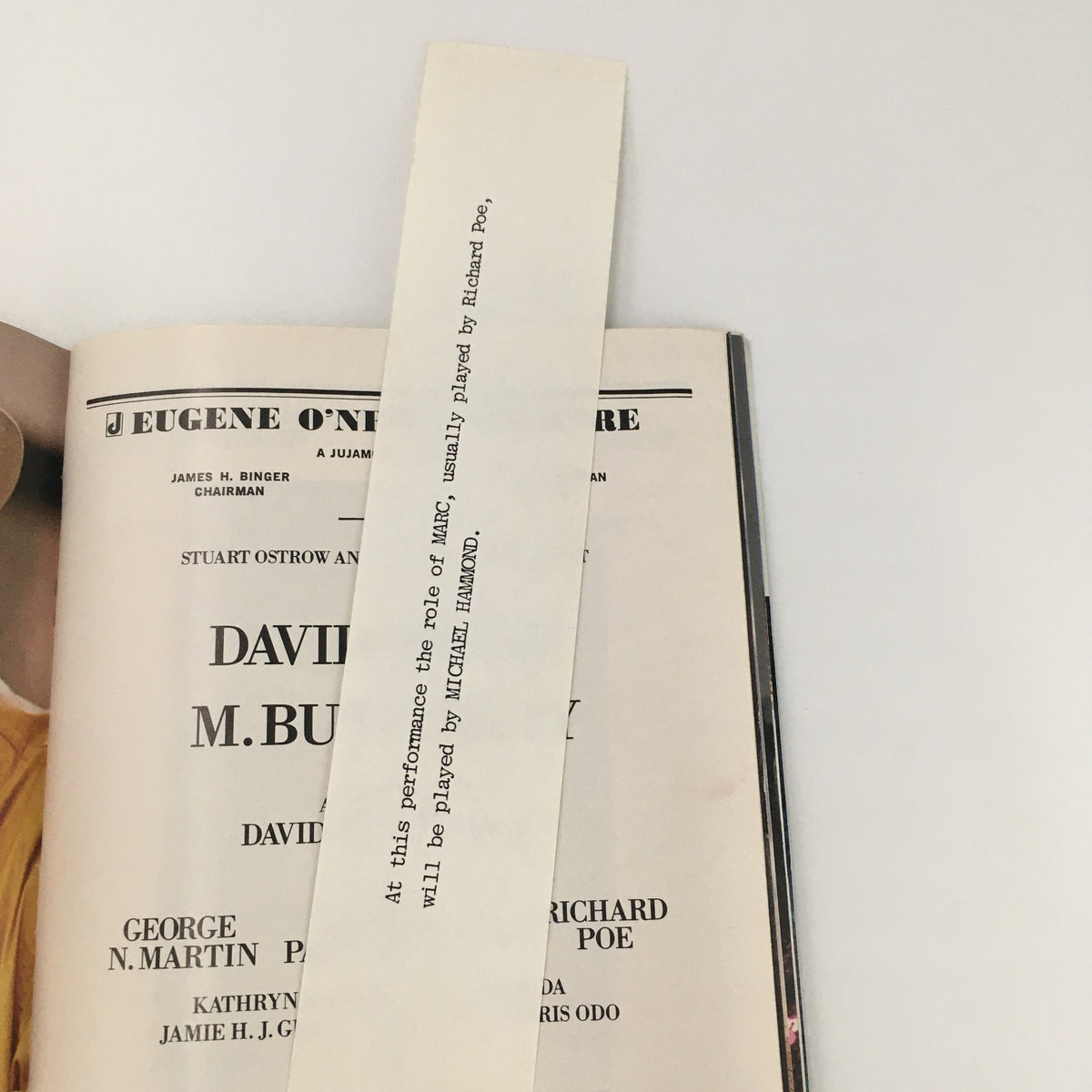 Insert from the 1989 Playbill for 'M. Butterfly' indicating a change in casting for the performance.