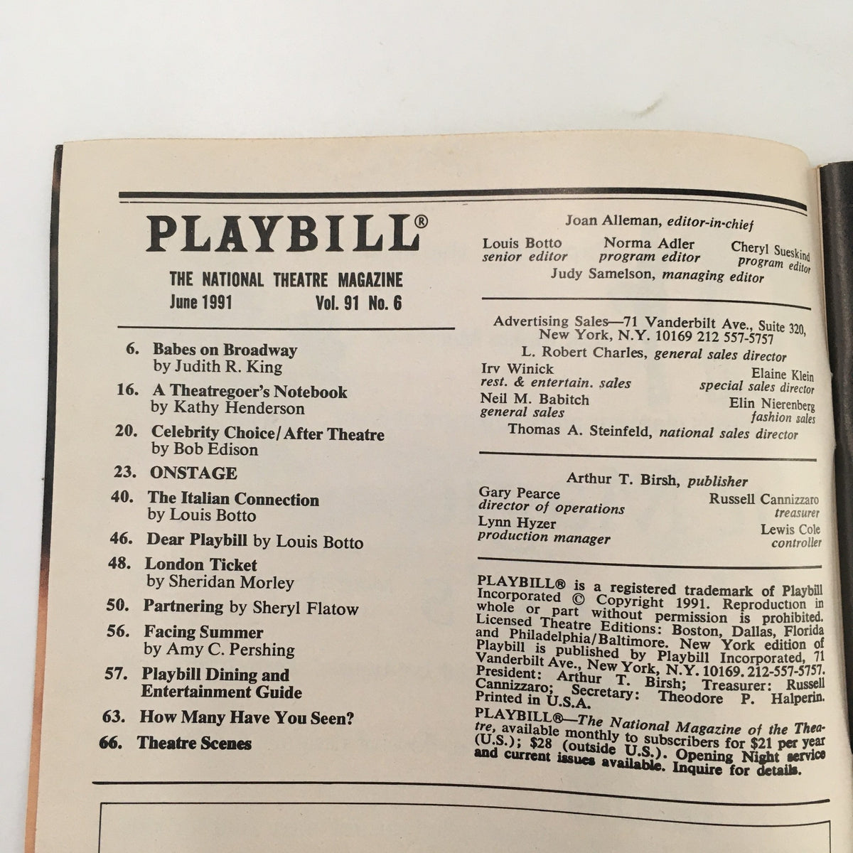 Interior page of a 1991 Playbill for Manhattan Theatre Club's 'Lips Together Teeth Apart', displaying the table of contents from June 1991 edition including articles and features.