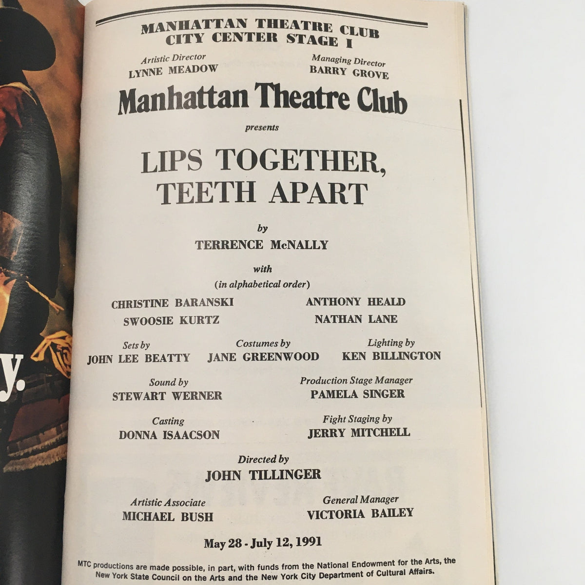 Inside page of the 1991 Playbill for Manhattan Theatre Club's 'Lips Together Teeth Apart', listing the cast and production credits for the play written by Terrence McNally.