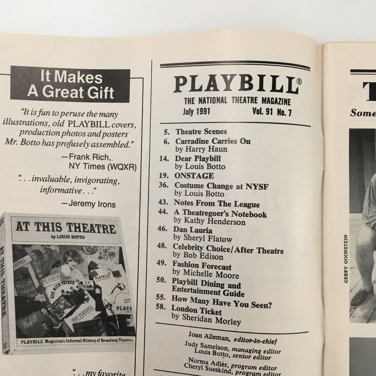 1991 Playbill Circle Repertory Company featuring theater scenes and advertisements from July issue, ideal for collectors.