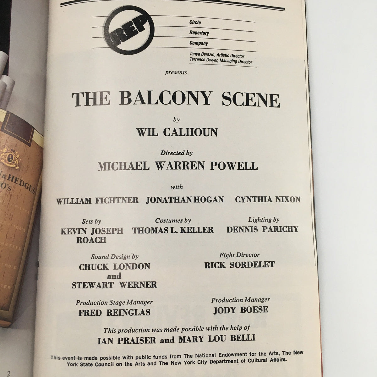 1991 Playbill Circle Repertory Company showcasing cast details for 'The Balcony Scene' written by Wil Calhoun, starring William Fichtner.