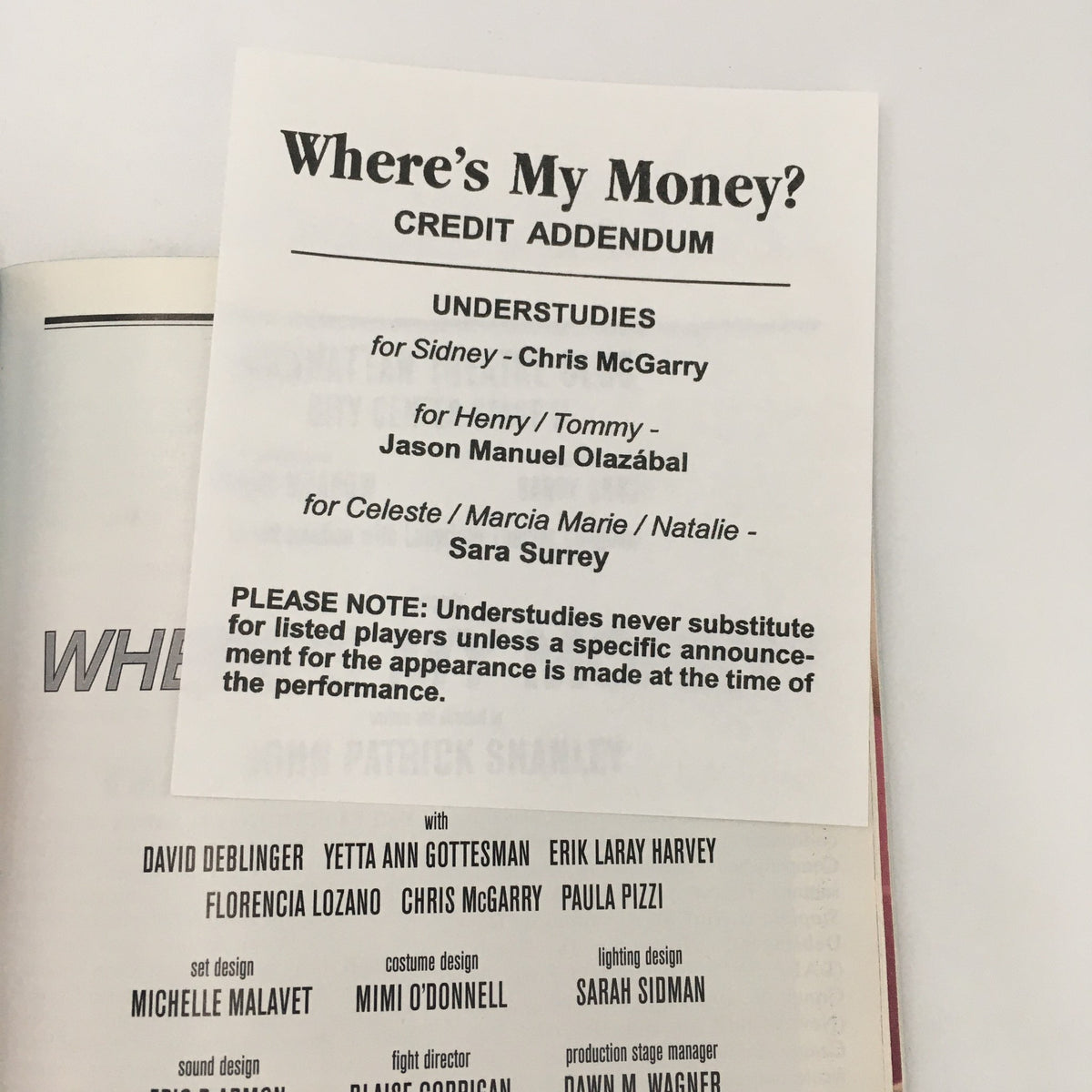 2001 Playbill 'Where's My Money?' Collectible