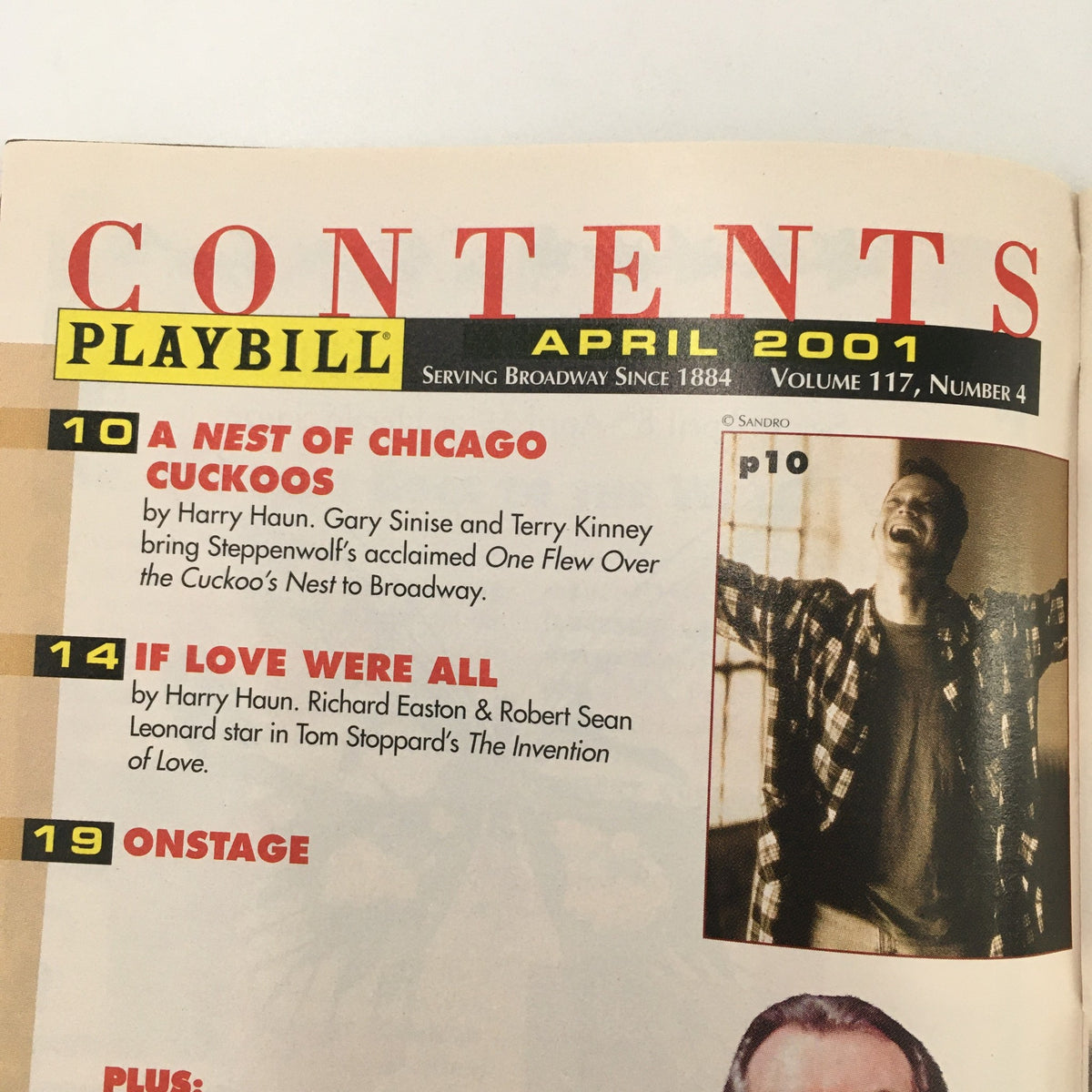 Contents page of the April 2001 Playbill highlighting articles including 'A Nest of Chicago Cuckoos' and 'If Love Were Real'.