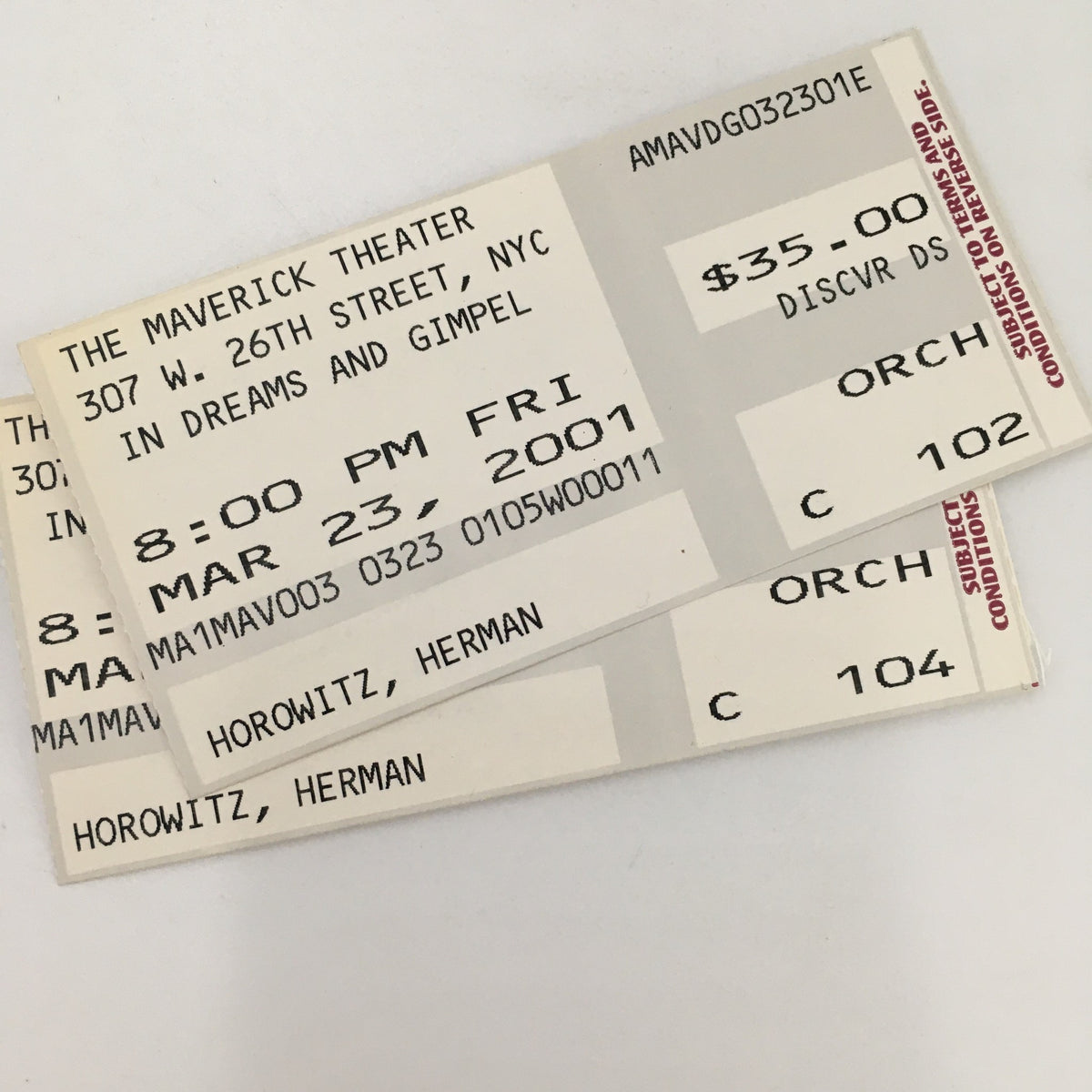 2001 Playbill Maverick Theater 'In Dreams and Gimpel' with original ticket details for the performance date.