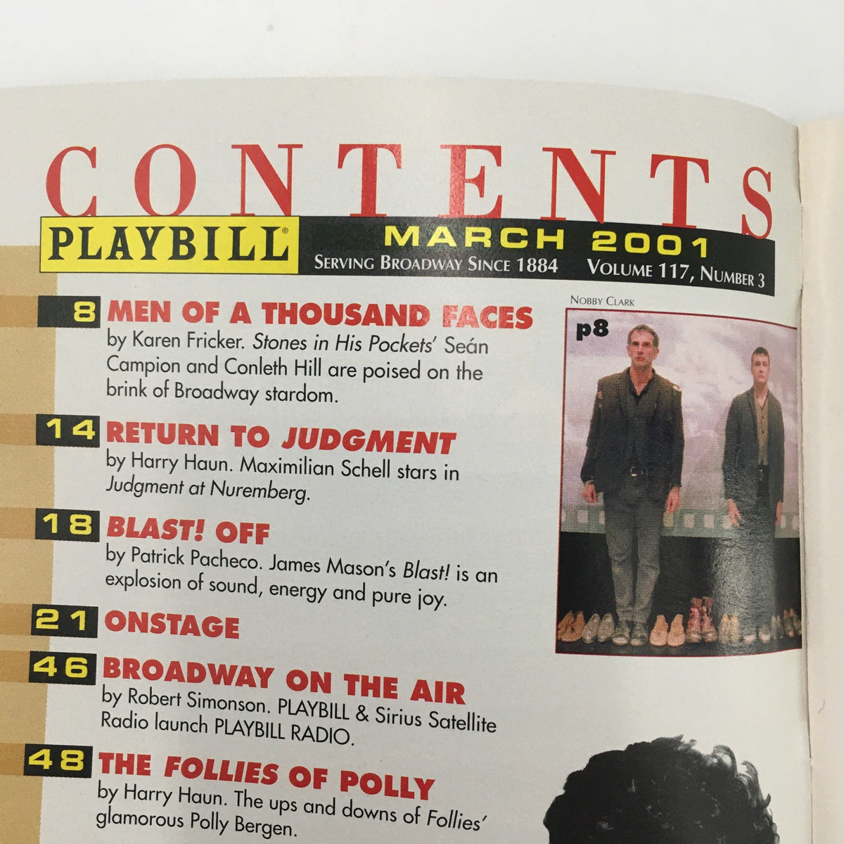 Contents page of the March 2001 Playbill featuring articles including 'Men of a Thousand Faces' and 'Return to Judgment' in the Maverick Theater's production of 'In Dreams and Gimpel' by David Margulies.