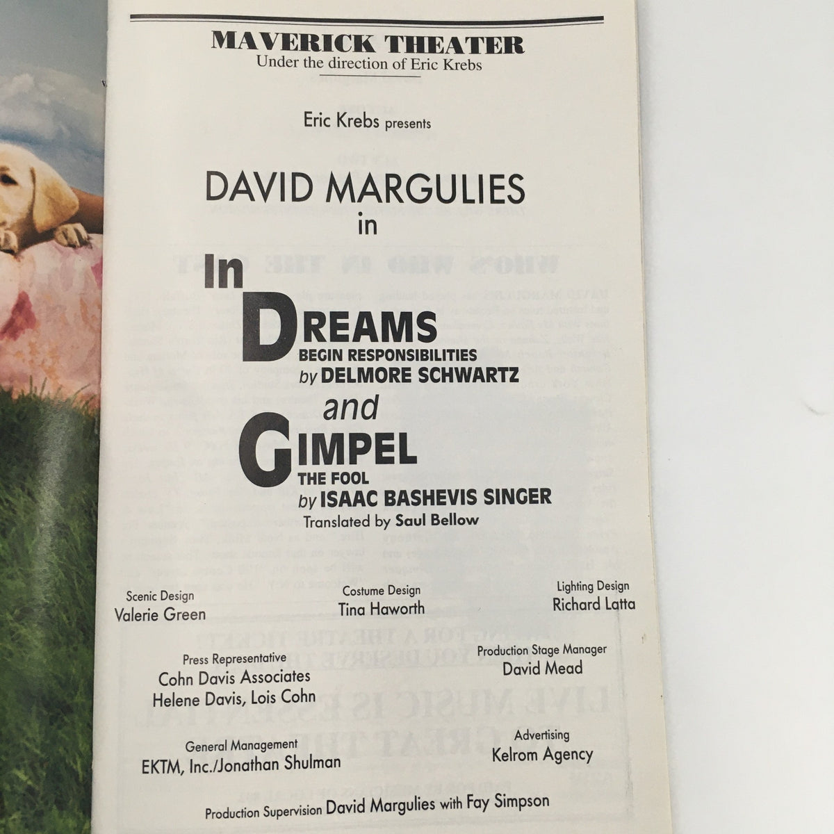 Program introduction page for the Maverick Theater's presentation of 'In Dreams and Gimpel' by David Margulies, highlighting cast and production details.
