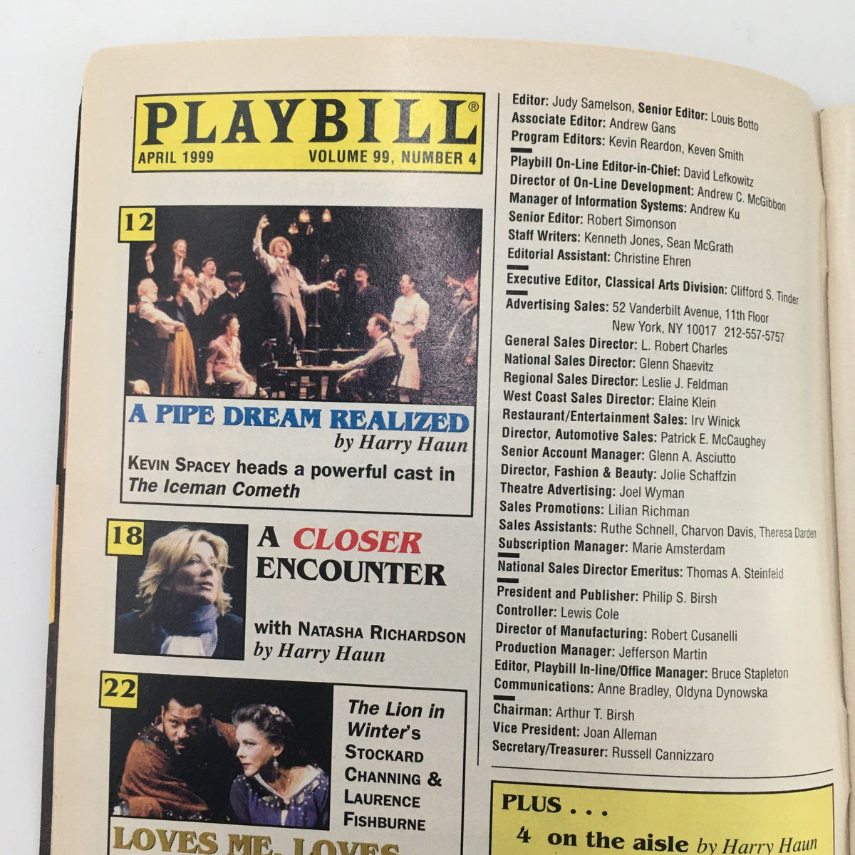 Inside page of the 1999 Playbill for 'The Weir' showcasing the table of contents and advertisements from the production.