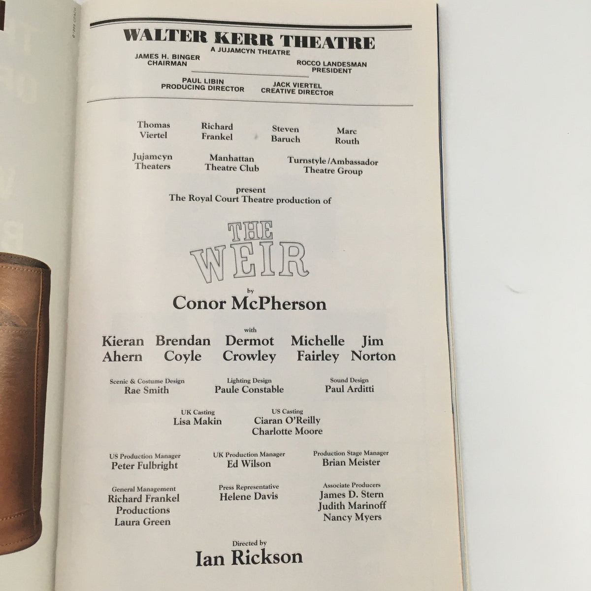 1999 Playbill for 'The Weir' at Walter Kerr Theatre, featuring play details and cast information including Kieran Ahern and Brendan Coyle.