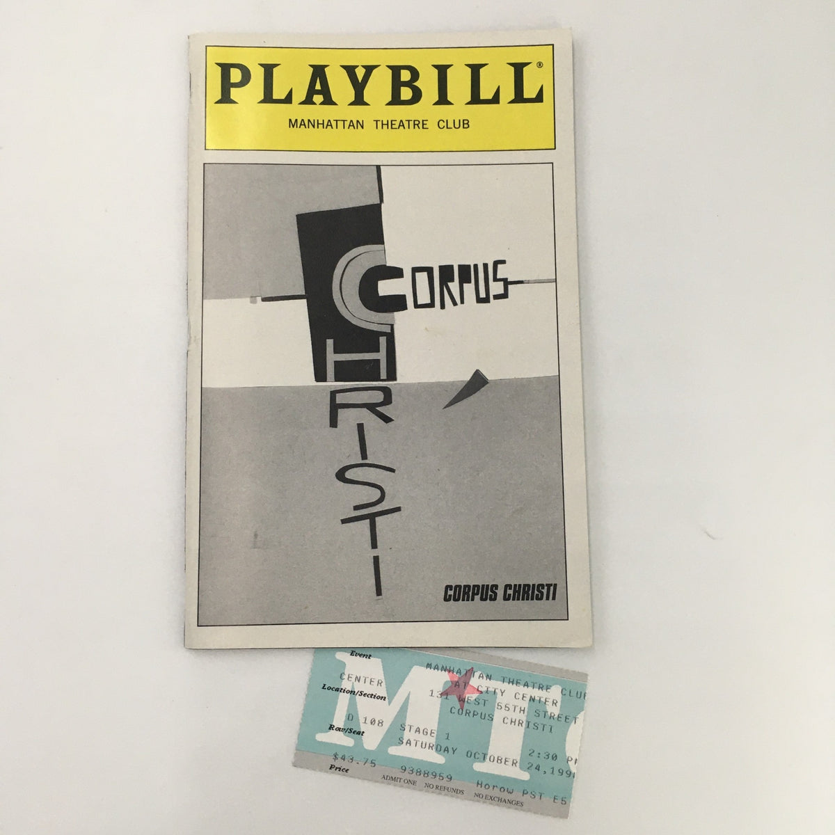1998 Playbill Manhattan Theatre Club 'Corpus Christi' featuring original ticket, showcasing the iconic design and title.