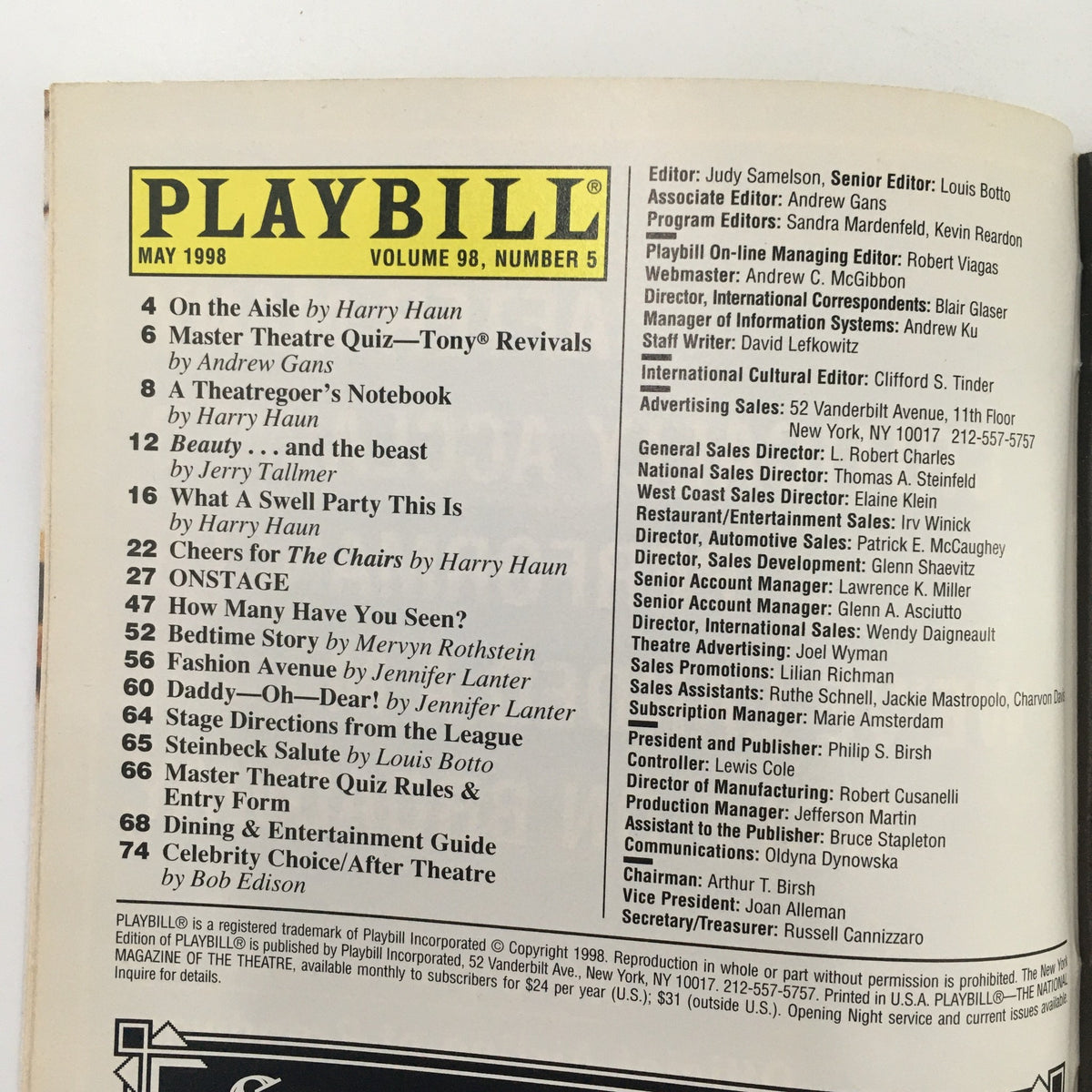 Inside page of the 1998 Playbill for 'The Beauty Queen of Leenane' at Walter Kerr Theatre, detailing the May 1998 contents and editor information.