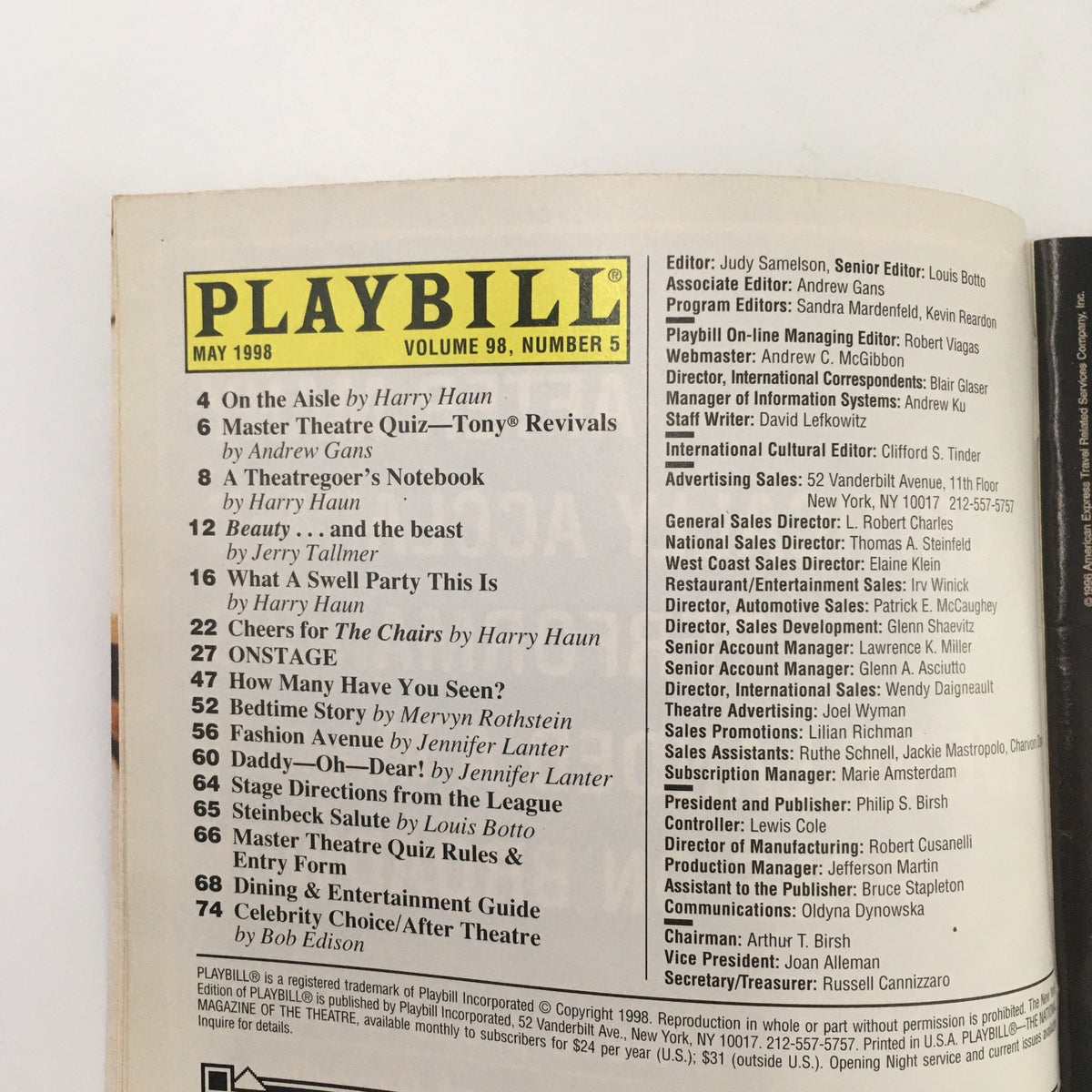 Inside page of the 1998 Playbill for 'Honour' at Belasco Theatre showcasing the table of contents and editorial credits.
