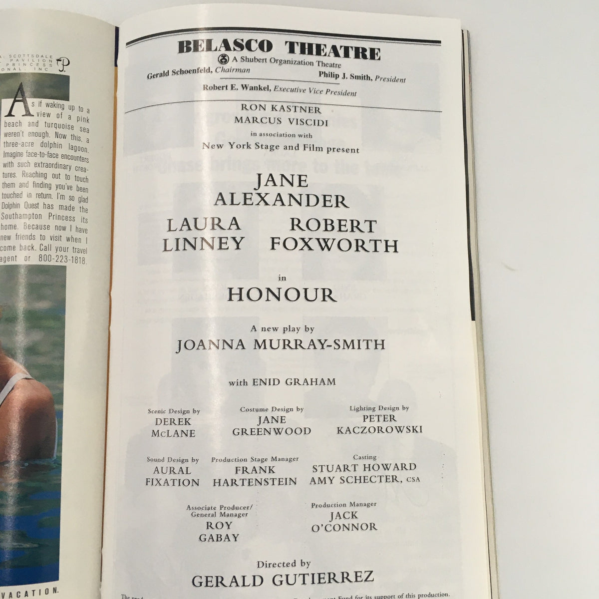 Featured cast list page in the 1998 Playbill for 'Honour' at Belasco Theatre including names like Jane Alexander and Robert Foxworth.