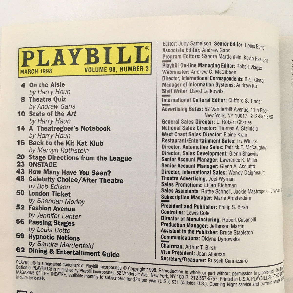 Inside section of the March 1998 Playbill for 'Art', showcasing the contents and contributors of the production.