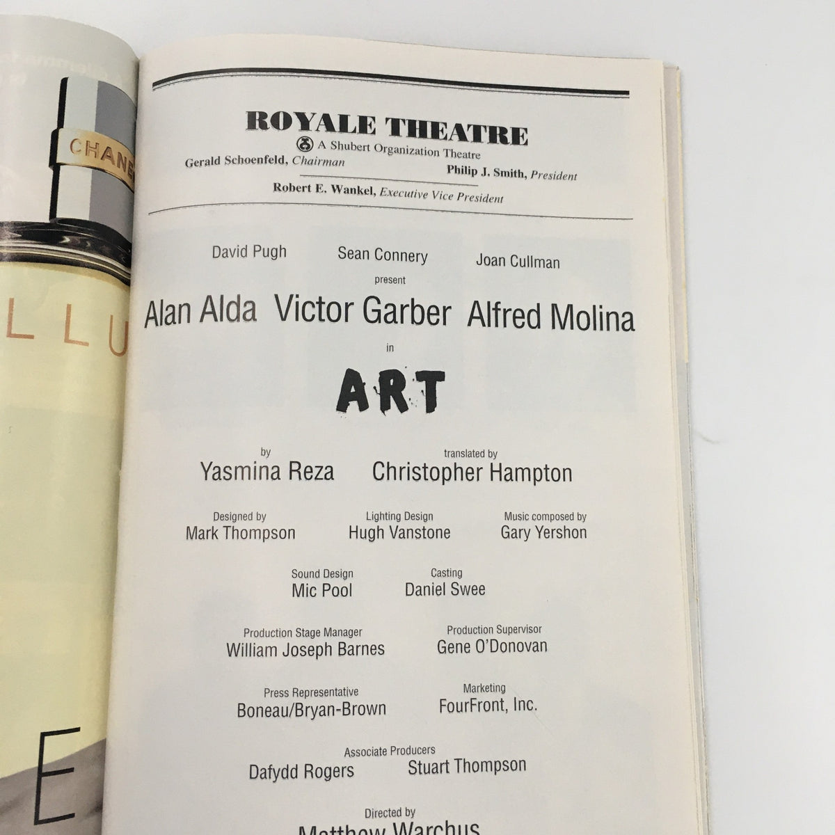 Credits page from the 1998 Playbill for 'Art' at the Royale Theatre, listing the cast, writer Yasmina Reza, and production team.