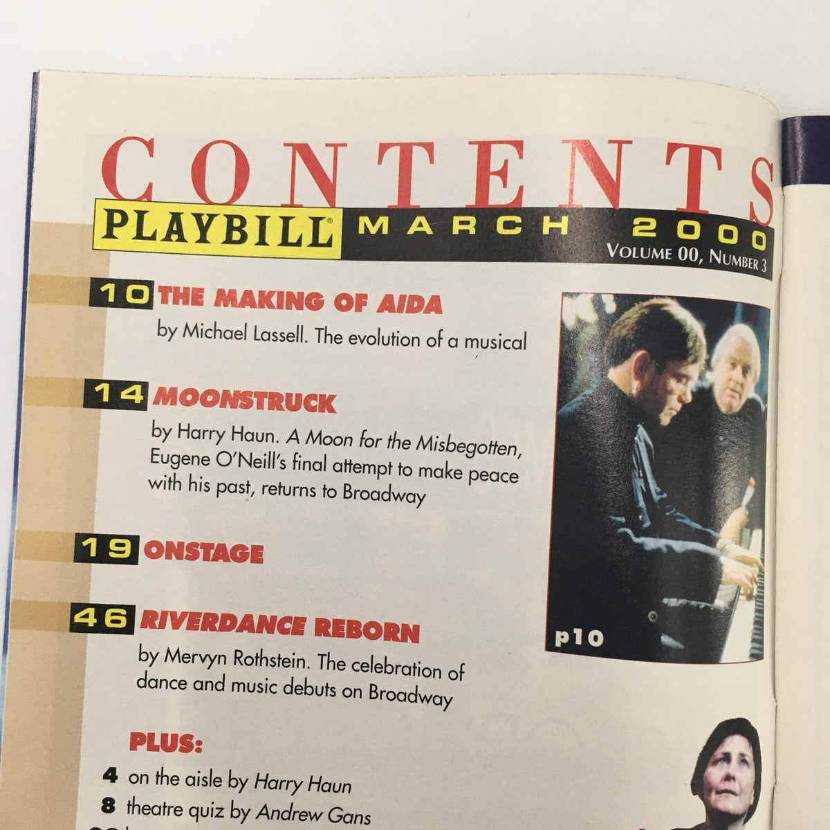 Contents page of the March 2000 Playbill showcasing articles and features related to theater productions.