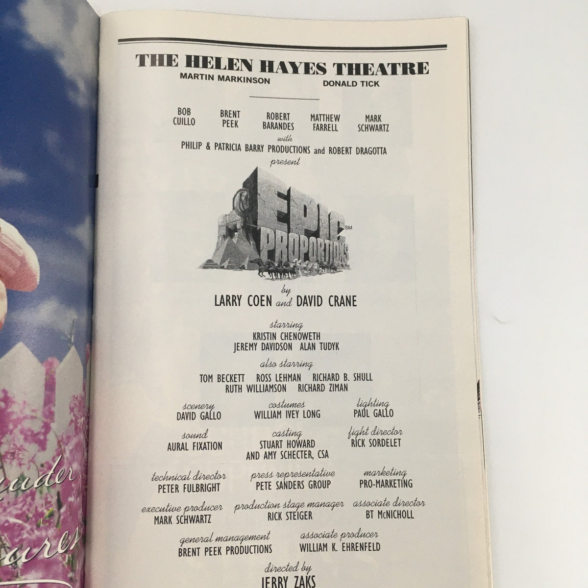 1999 Playbill The Helen Hayes Theatre 'Epic Proportions' displaying the credits page listing Larry Coen and David Crane, showcasing the production details and contributors.
