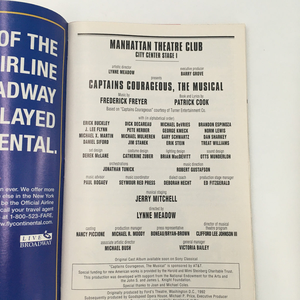 Inside page of the 1999 Playbill for 'Captains Courageous,' showcasing cast and crew credits along with production details from the Manhattan Theatre Club.