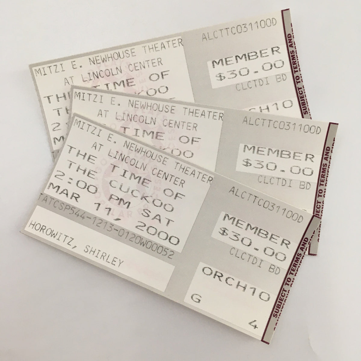 2000 Lincoln Center Theater 'The Time of the Cuckoo' original tickets showcasing performance details and pricing.