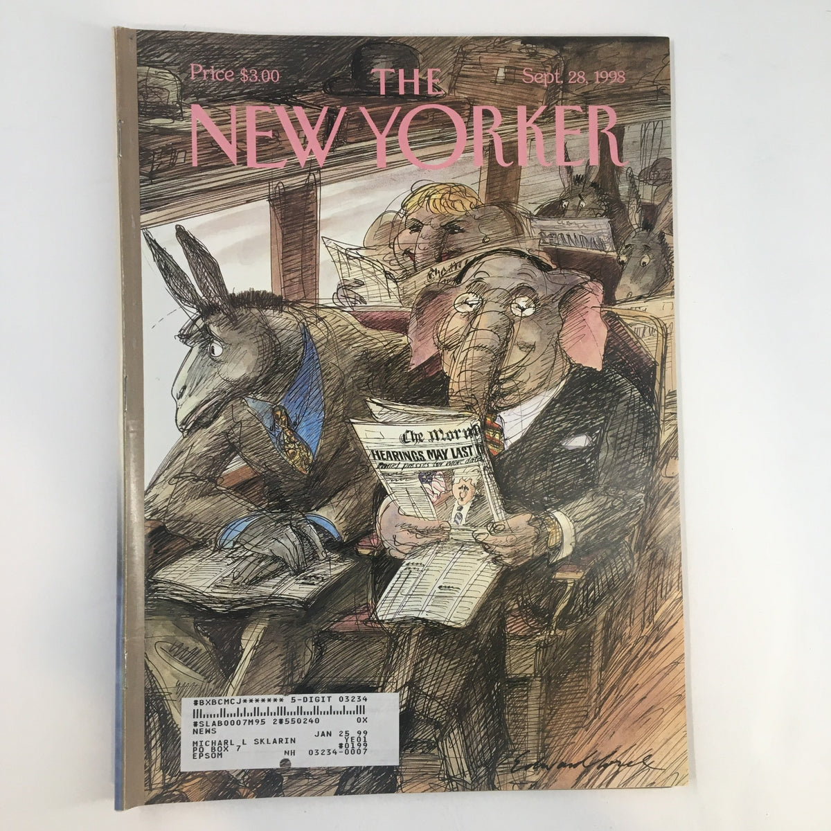 Cover of The New Yorker Full Magazine September 28 1998, featuring an illustration of anthropomorphic animals, including a donkey and an elephant, engaged in conversation, showcasing the magazine's iconic style.