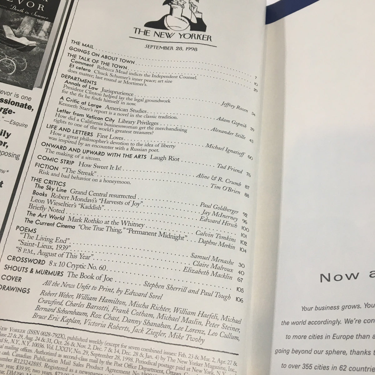 Inside spread of The New Yorker Full Magazine September 28 1998 showcasing the table of contents with feature titles including 'The Talk of the Town', 'The Critics', and other cultural commentary.