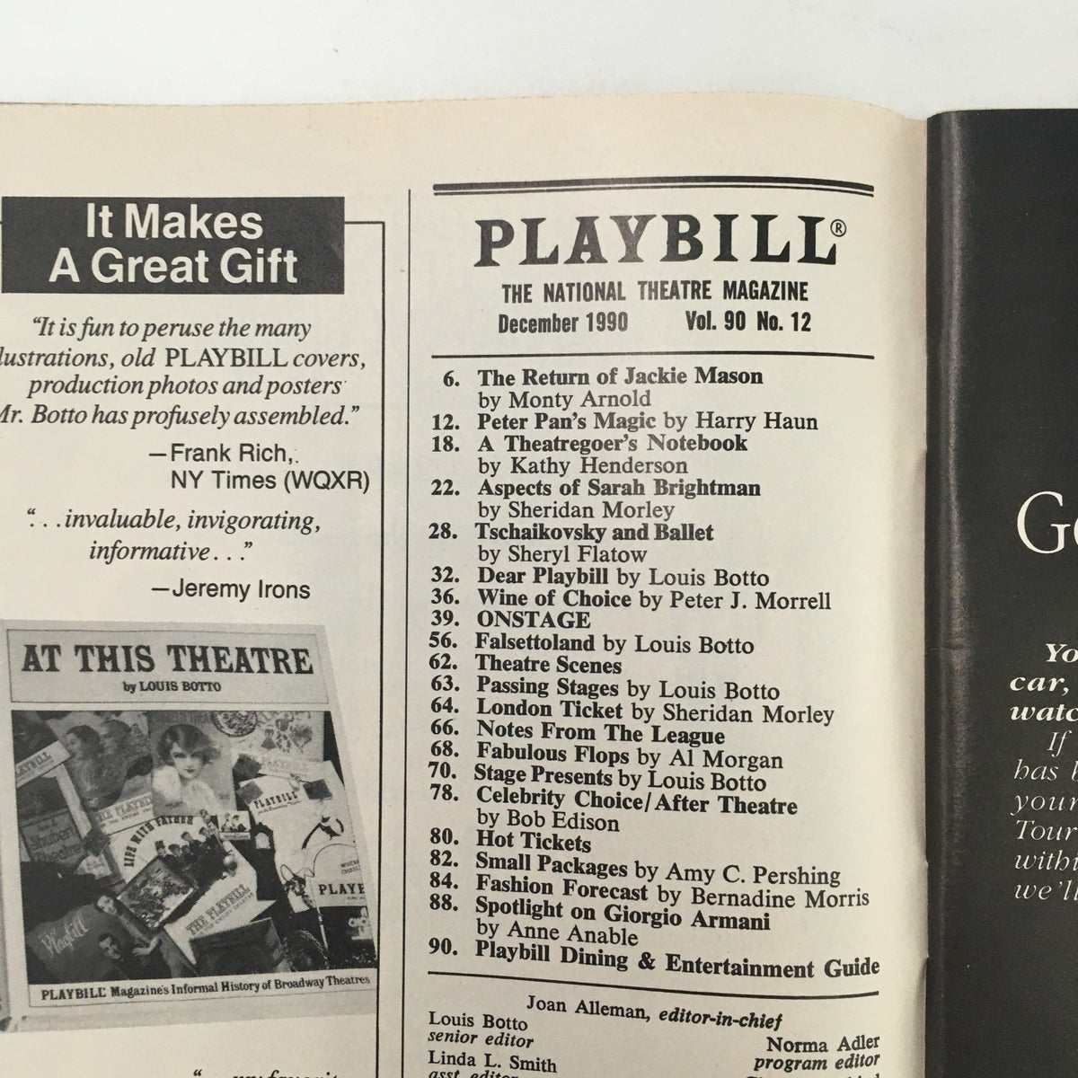 Interior page of the December 1990 Playbill showcasing the Circle Repertory Company and articles, including a featured section on 'Love Diatribe'.
