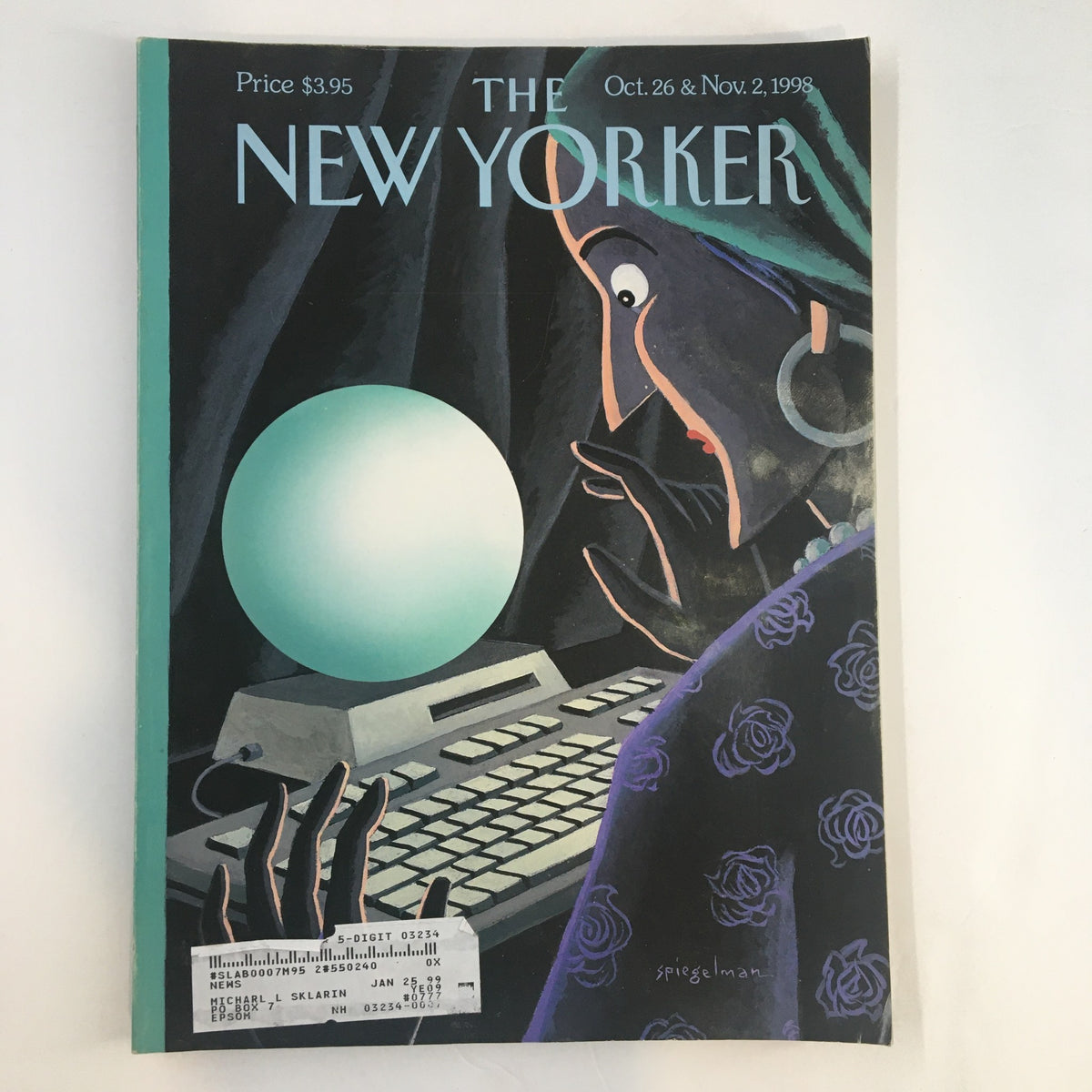 Cover of The New Yorker magazine dated October 26, 1998, featuring artwork by Art Spiegelman. The image displays a woman interacting with a computer and a crystal ball, highlighting themes of technology and foresight.