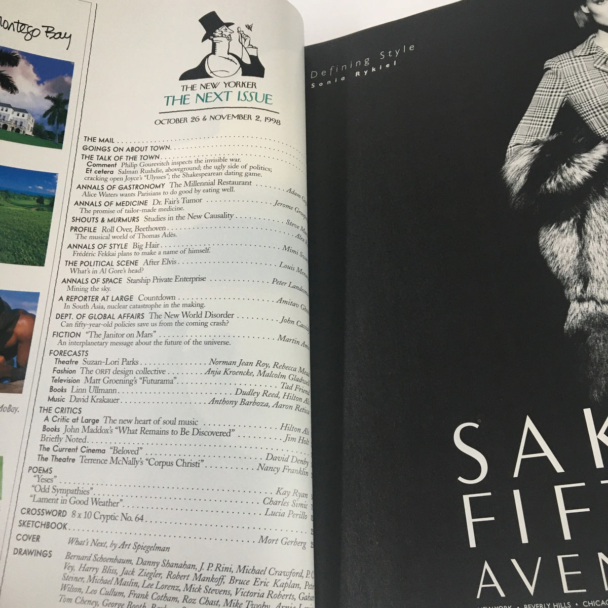 Interior page from The New Yorker magazine, dated October 26 and November 2, 1998, displaying the contents and features of the issue, emphasizing the diverse articles and artworks included.