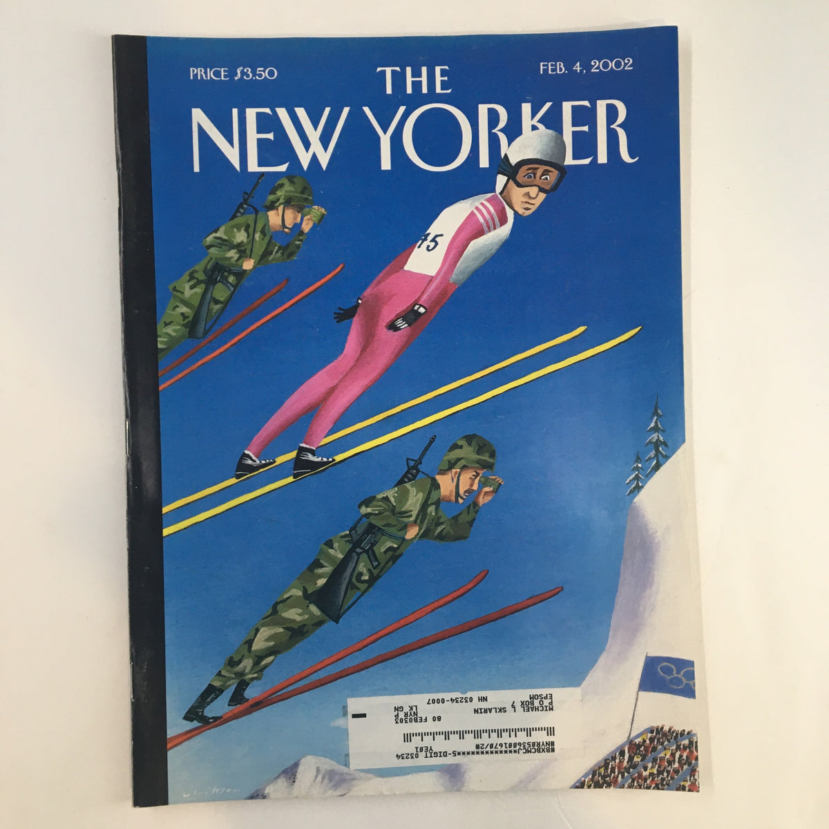 Cover of The New Yorker magazine, February 4, 2002, featuring the artistic illustration "Olympian Security" by Mark Ulriksen, depicting a skier in a pink suit alongside soldiers, reflecting themes of security and resilience.