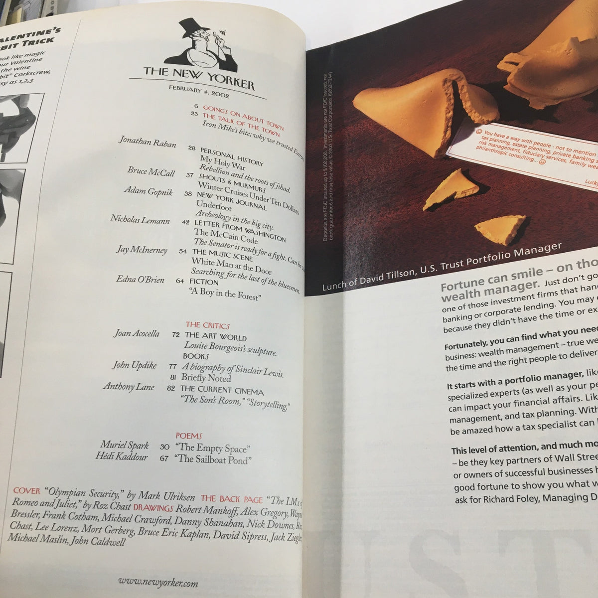 Interior spread of The New Yorker magazine, February 4, 2002, featuring the table of contents and an article layout, with the highlighted title "The New Yorker Full Magazine February 4 2002 Olympian Security" by Mark Ulriksen.