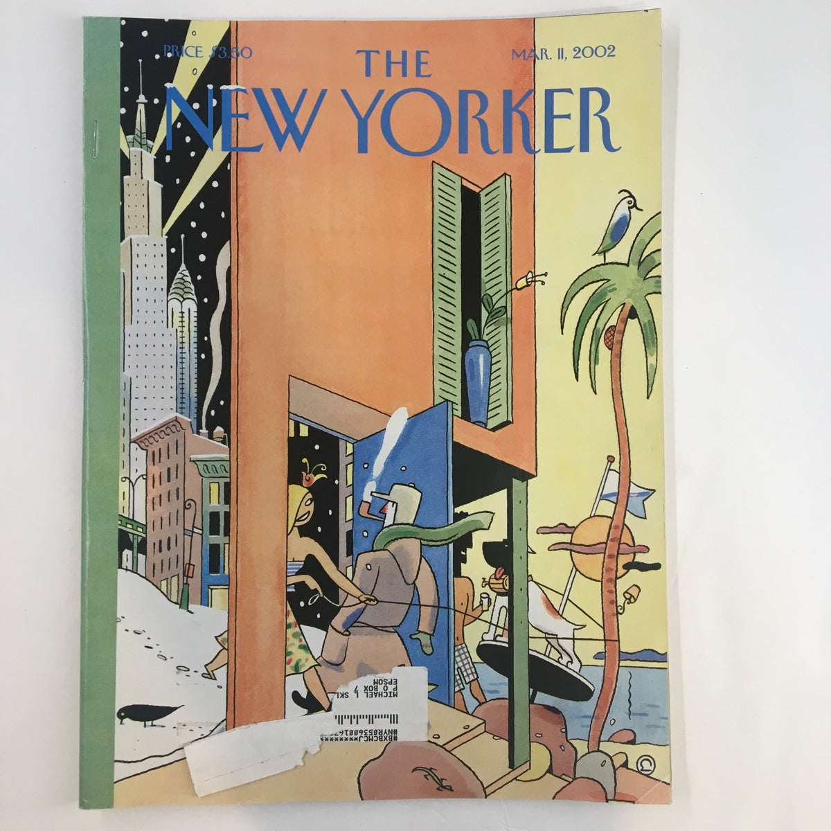 Cover of The New Yorker magazine dated March 11, 2002, featuring the artwork 'In and Out' by Ever Meulen, showcasing vibrant colors and playful characters, an essential piece for collectors of vintage magazines.