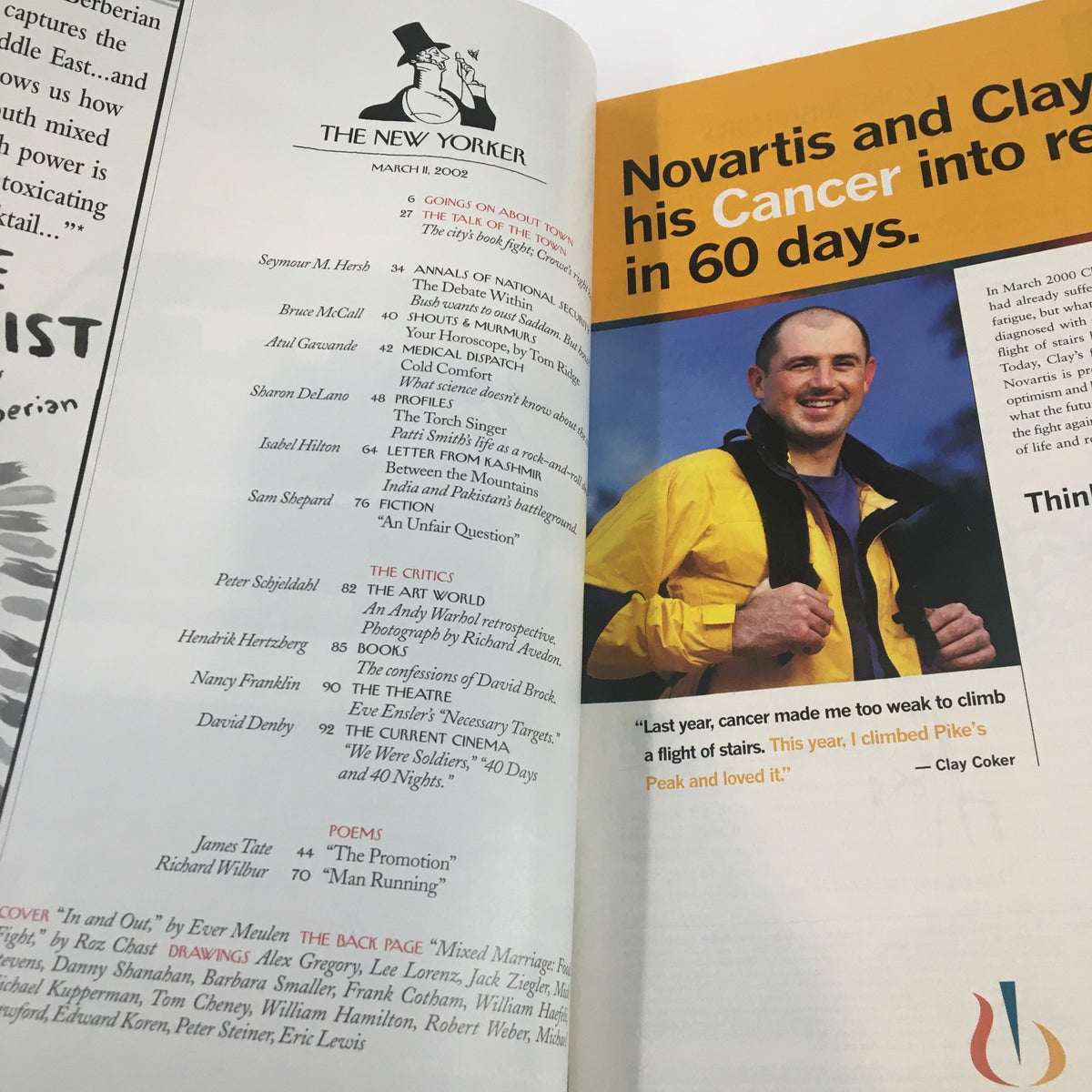 Interior page of The New Yorker magazine from March 11, 2002, featuring an article about Novartis and Clay Coker's personal cancer journey, highlighting insightful commentary typical of The New Yorker's style.