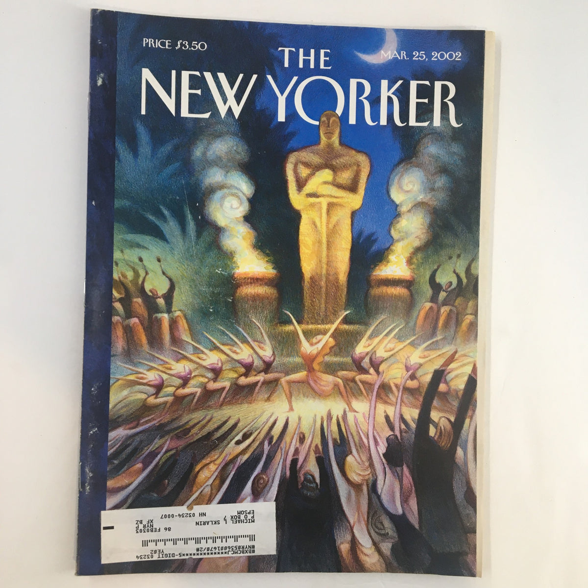 Cover of The New Yorker magazine from March 25, 2002 titled 'The Natives Are Getting Restless', featuring vibrant illustrations of a statue and figures in a dramatic scene.