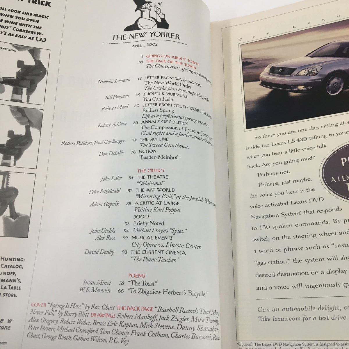 Inside page of The New Yorker Full Magazine April 1 2002, displaying the table of contents and notable contributors for this spring-themed issue.