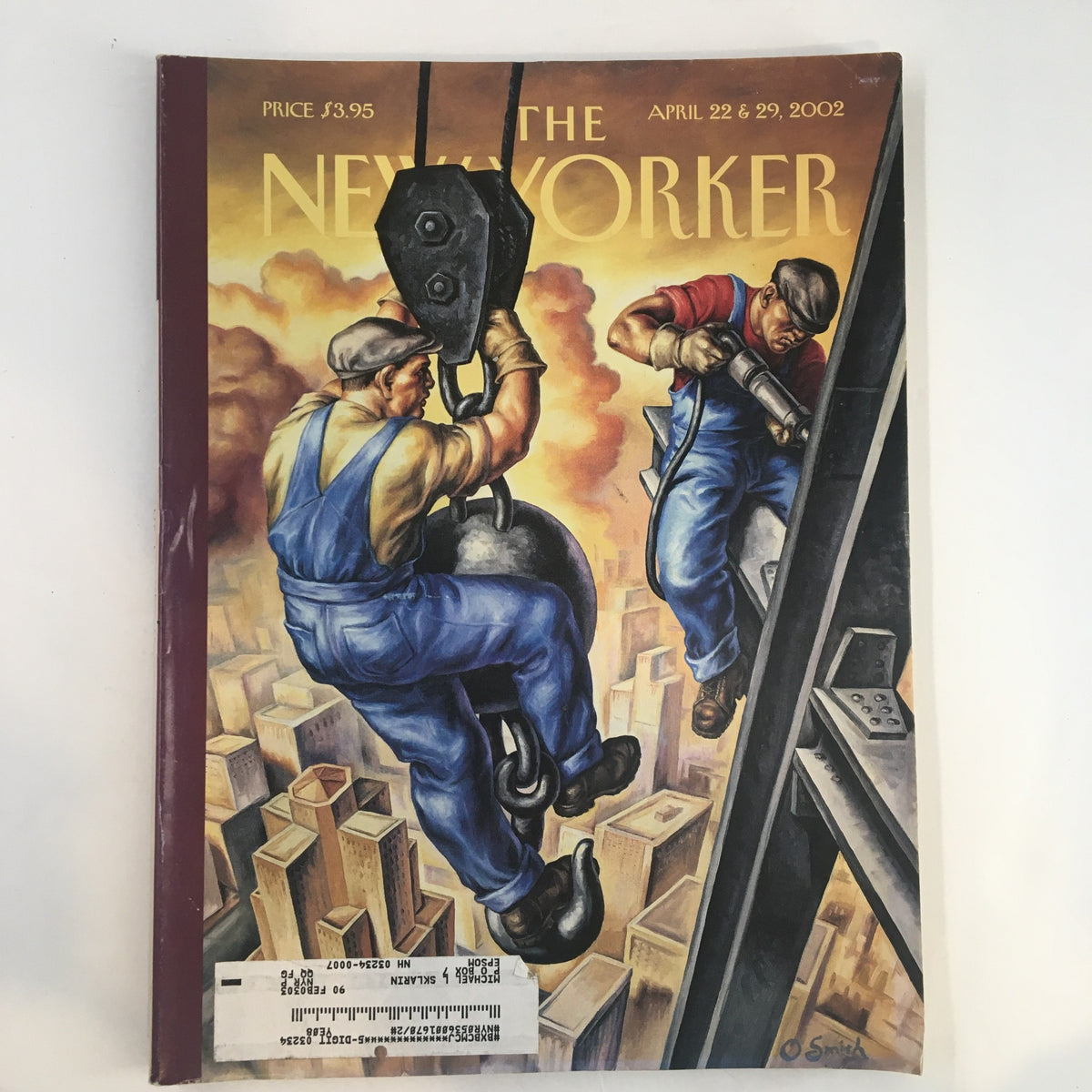 The New Yorker Full Magazine April 22 2002 cover featuring artwork titled 'Two-State' by Owen Smith, depicting construction workers engaging in cityscape activities with vibrant colors and dynamic composition.