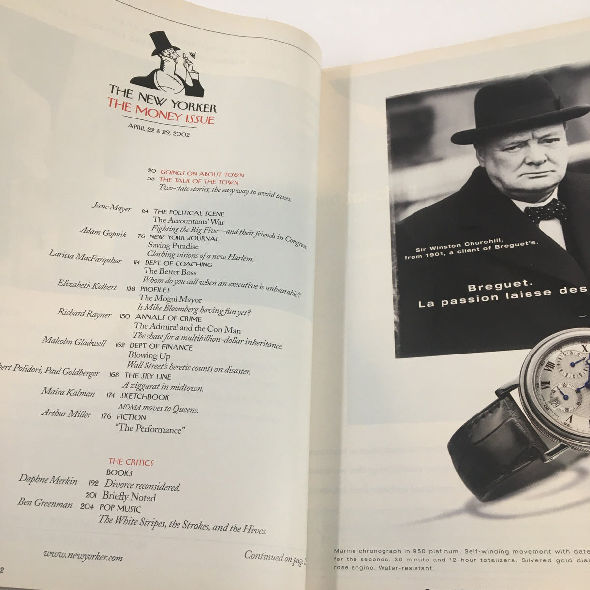 The New Yorker Full Magazine April 22 2002 interior page showcasing the table of contents and featuring items like 'The Political Item', 'The Critics', and profiles.