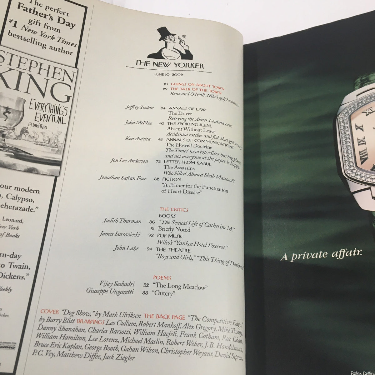 Contents page of The New Yorker Full Magazine June 10 2002, listing articles and features, with the magazine's logo prominently displayed.