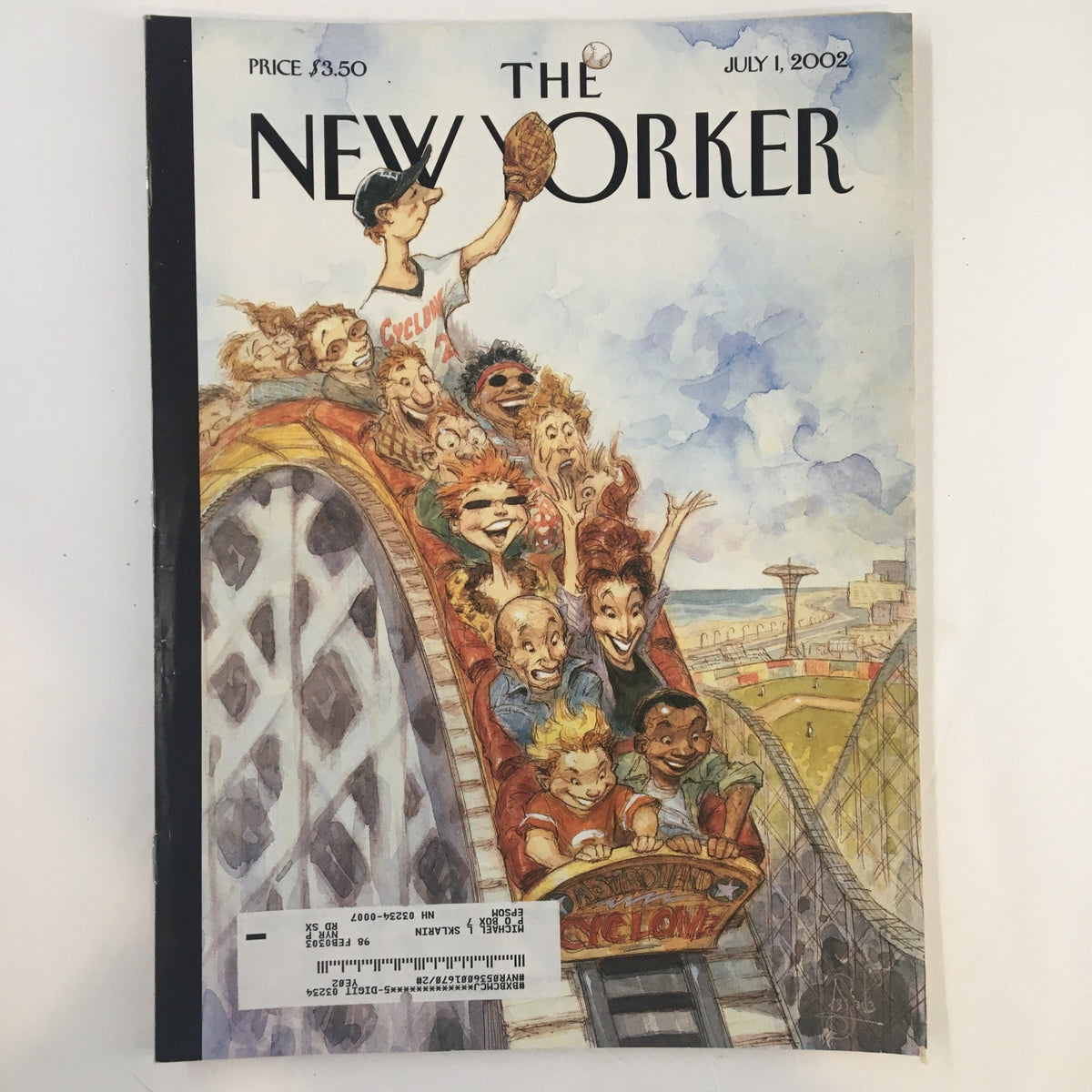 The New Yorker Full Magazine July 1 2002 featuring the whimsical cover illustration 'Fair Ball' by Peter de Seve, depicting joyful characters on a roller coaster.