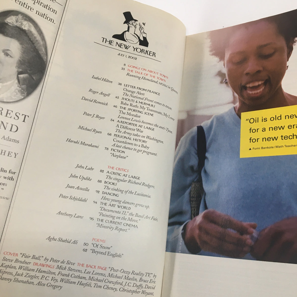Interior page of The New Yorker Full Magazine July 1 2002 displaying the magazine's table of contents and an advertisement featuring a woman, showcasing the quality and layout of this historic issue.
