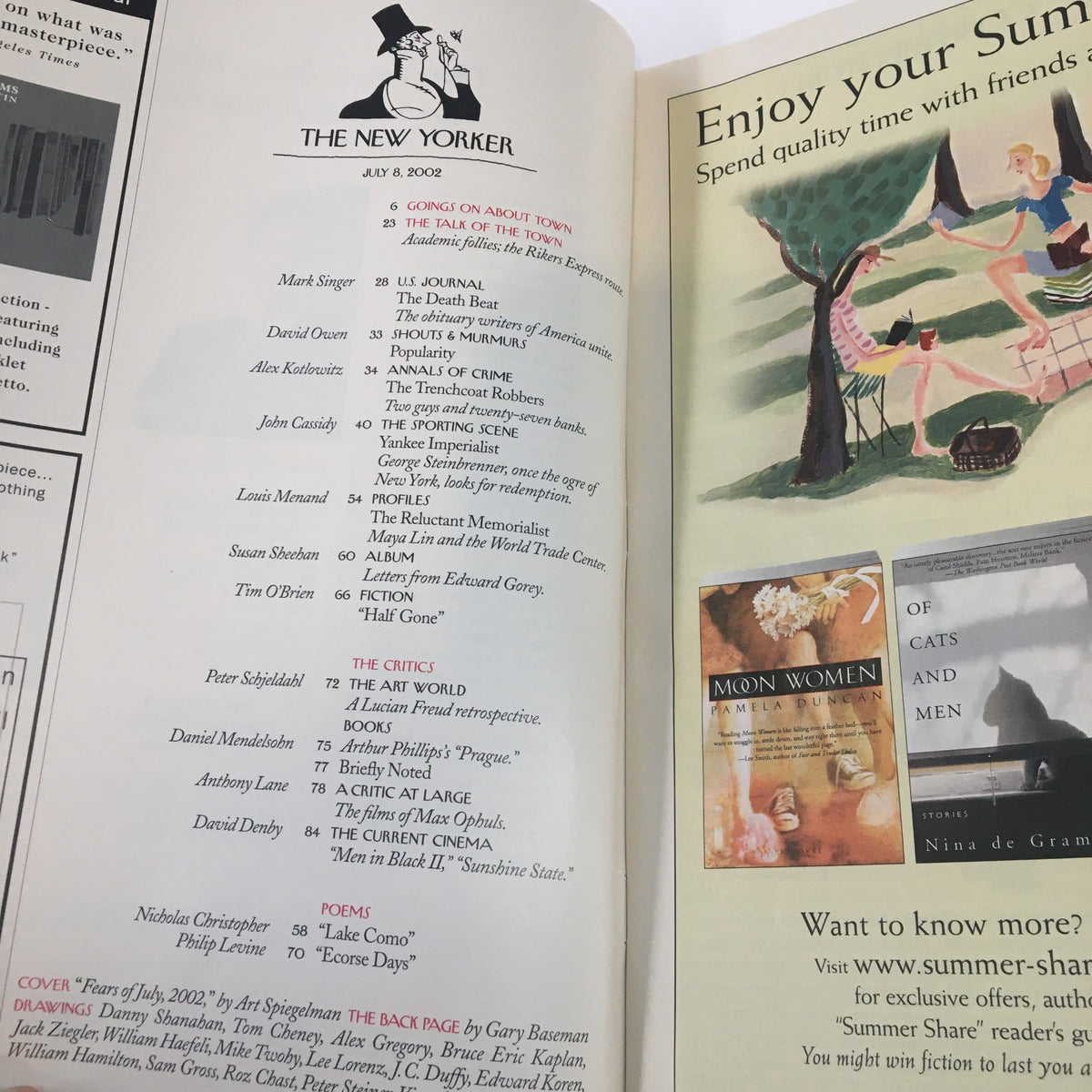 Inside page of The New Yorker Full Magazine July 8 2002, showcasing the table of contents and highlights of the issue, including articles and features relevant to the time.