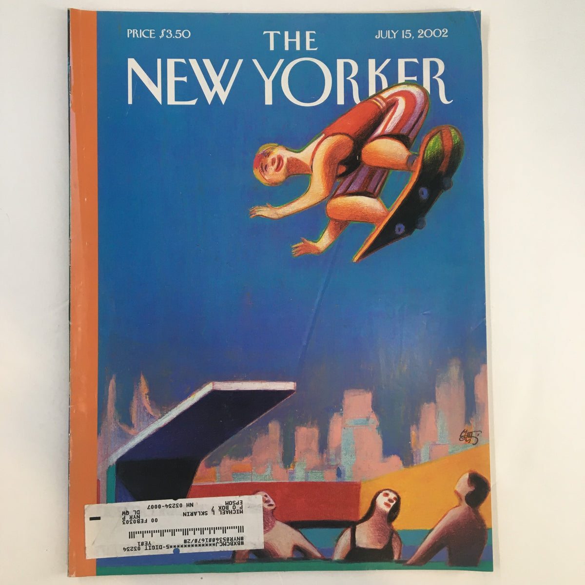 The New Yorker Full Magazine cover from July 15, 2002, featuring vibrant artwork by Lorenzo Mattotti, depicting a summer scene with a person on a skateboard against a city skyline.
