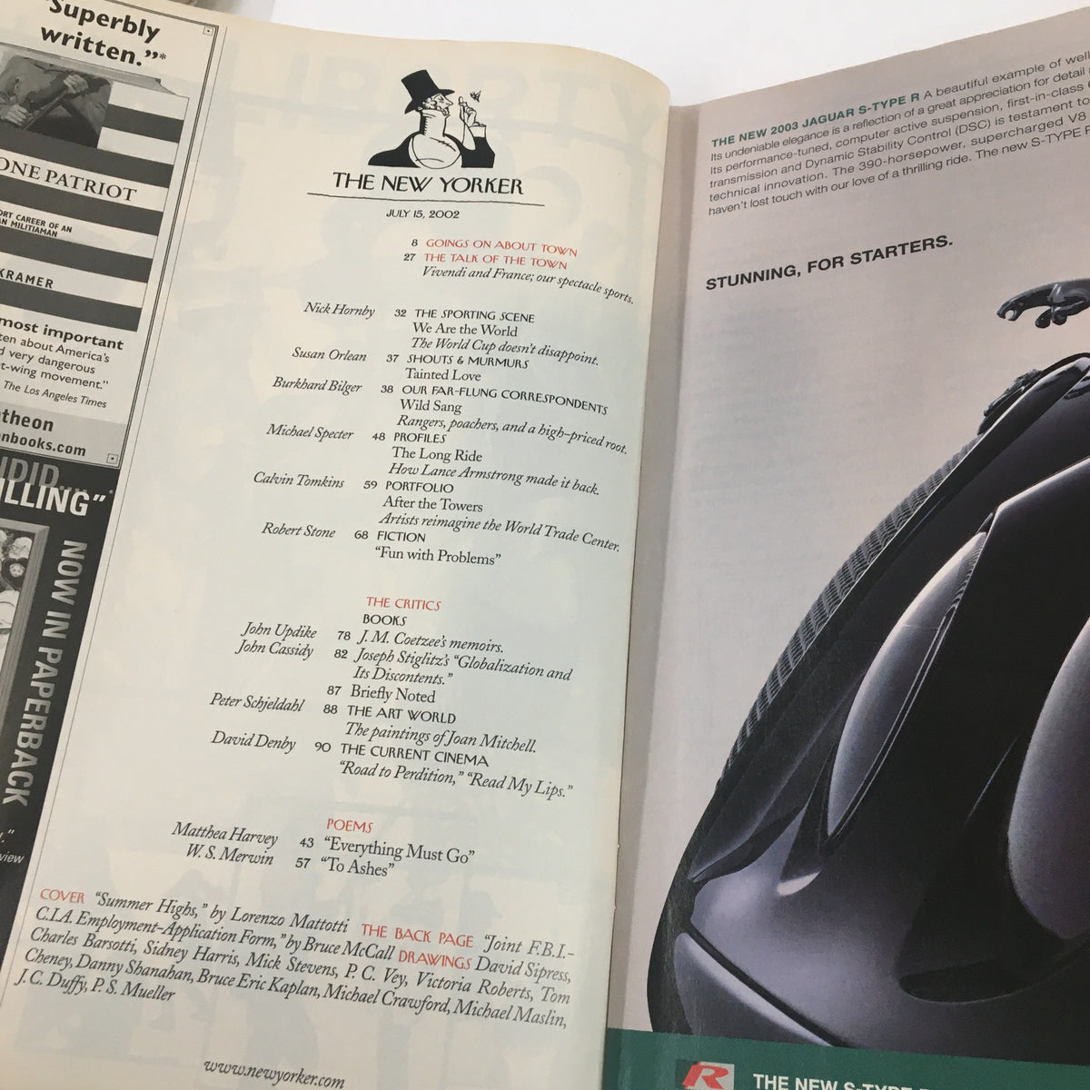 The New Yorker Full Magazine July 15 2002 featuring a contents page with articles including summer-themed pieces by Lorenzo Mattotti, showcasing a blend of art and literature.