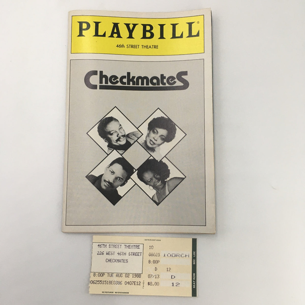 1988 Playbill from the 46th Street Theatre featuring 'Checkmates' by Ron Milner, showcasing black and white images of cast members. Includes an original ticket from the show dated August 2, 1988.