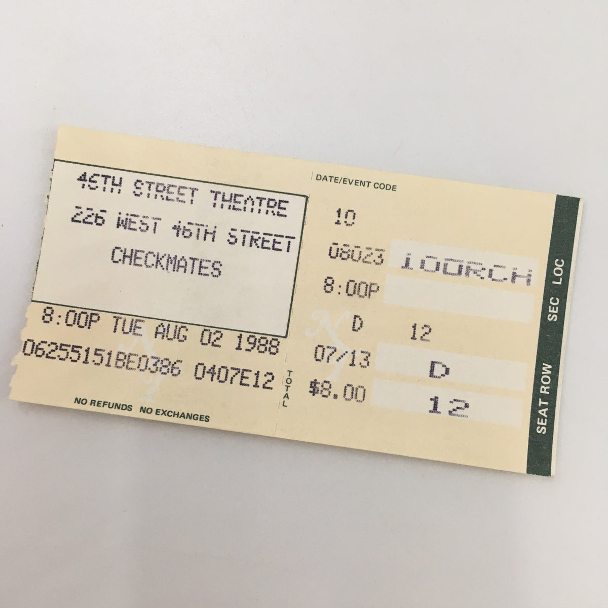 Ticket from the 1988 production of 'Checkmates' at the 46th Street Theatre, showcasing details like date, time, and seating.