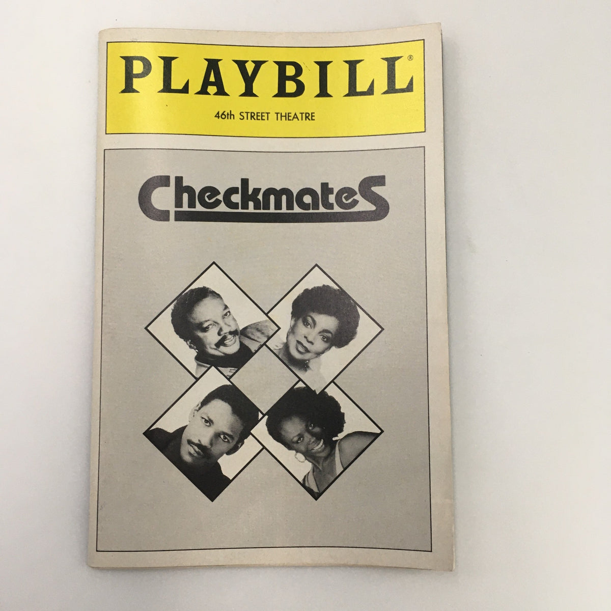 Playbill cover for the 1988 production of 'Checkmates' at the 46th Street Theatre, featuring the title and a collage of cast members.