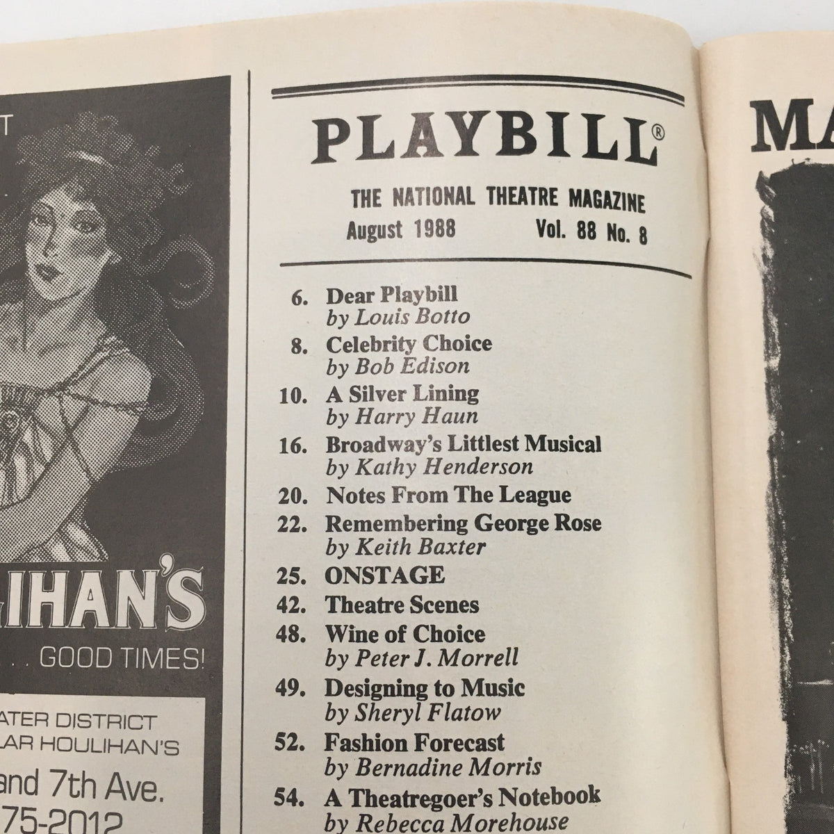 Table of contents page from the August 1988 Playbill, highlighting articles and features related to theater, including the production of 'Checkmates'.