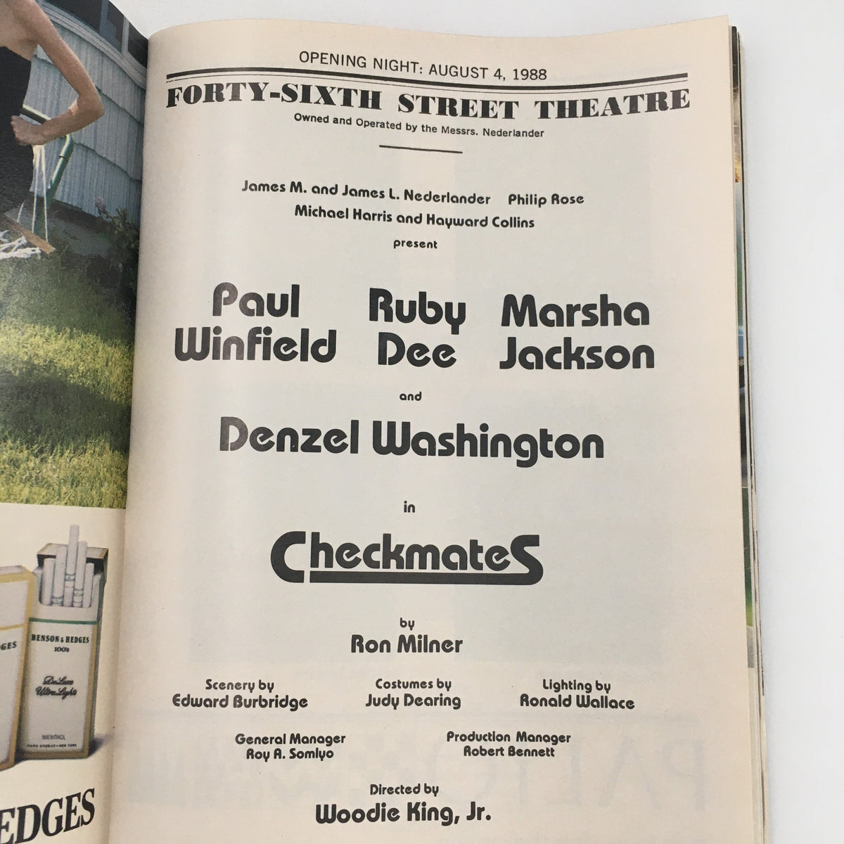 Opening night program page for 'Checkmates' at the 46th Street Theatre, featuring cast names including Denzel Washington and details about the production.