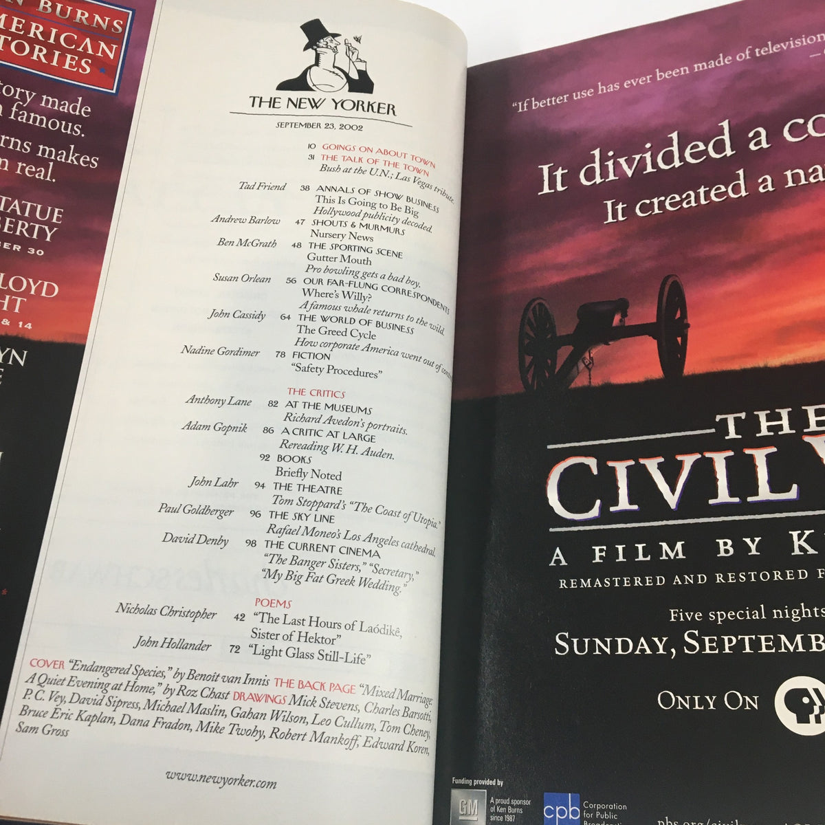 Interior page of The New Yorker Full Magazine September 23 2002 showcasing articles and advertisements, highlighting content related to contemporary culture and societal issues.