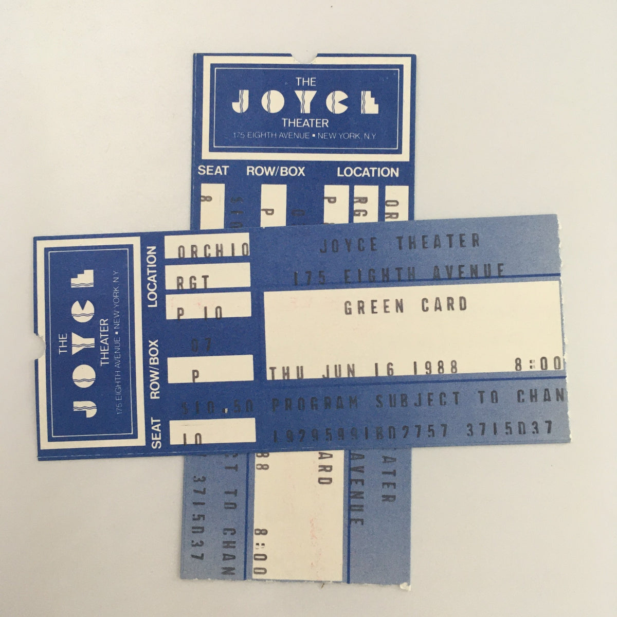 Original tickets for 'Green Card' at Joyce Theater dated June 16, 1988, enhancing the historical value of this collectible.