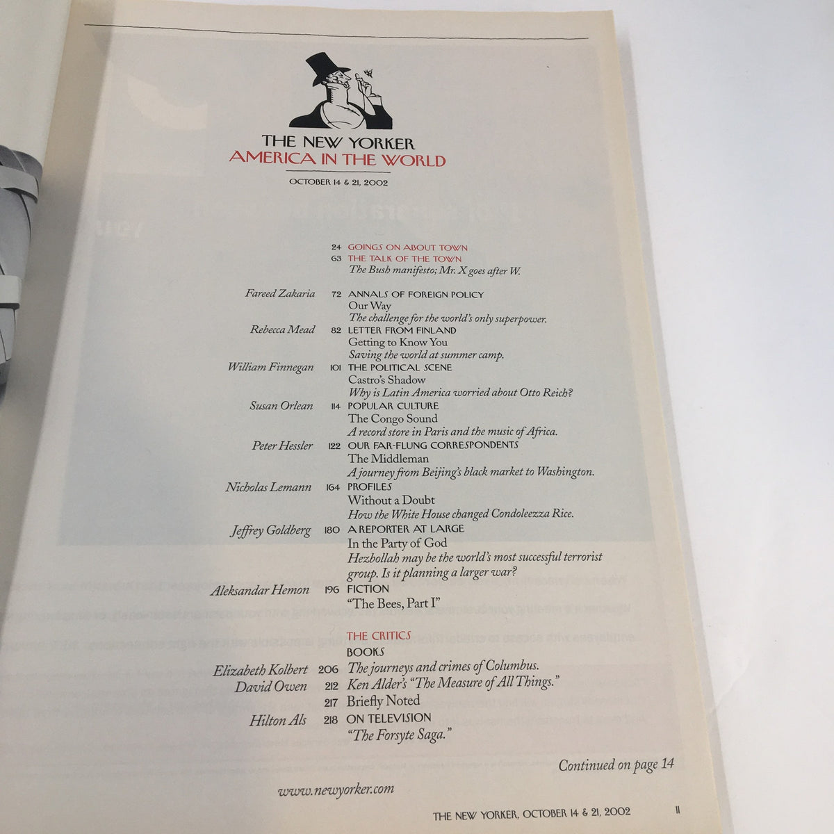 Table of contents from The New Yorker magazine, October 14-21, 2002, listing articles and contributors, showcasing the magazine's intellectual commentary and cultural topics.